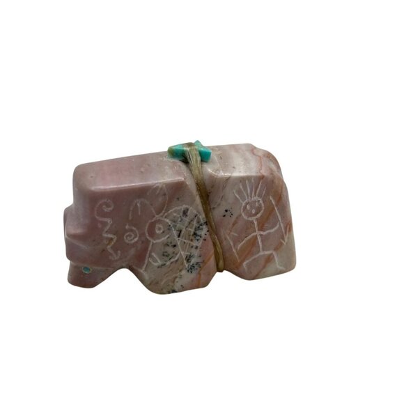 Zuni Handcrafted Pink Stone Bear Fetish Etchings Turquoise Eyes Offering Bundle - Picture 2 of 10